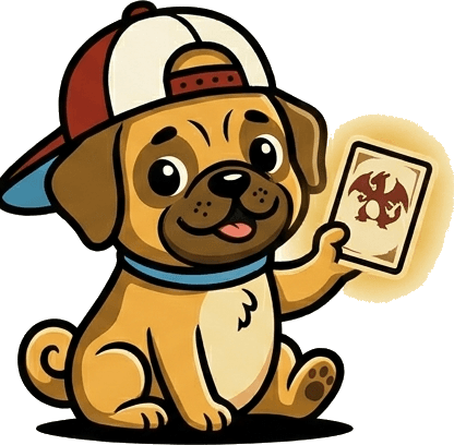 Nostalgic Cards — pug holding a Charizard card